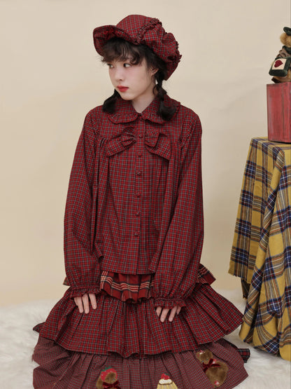 SemenCoicis - Kawaii Blouse Red Plaid Lace Bow Loose Fit shirt SemenCoicis