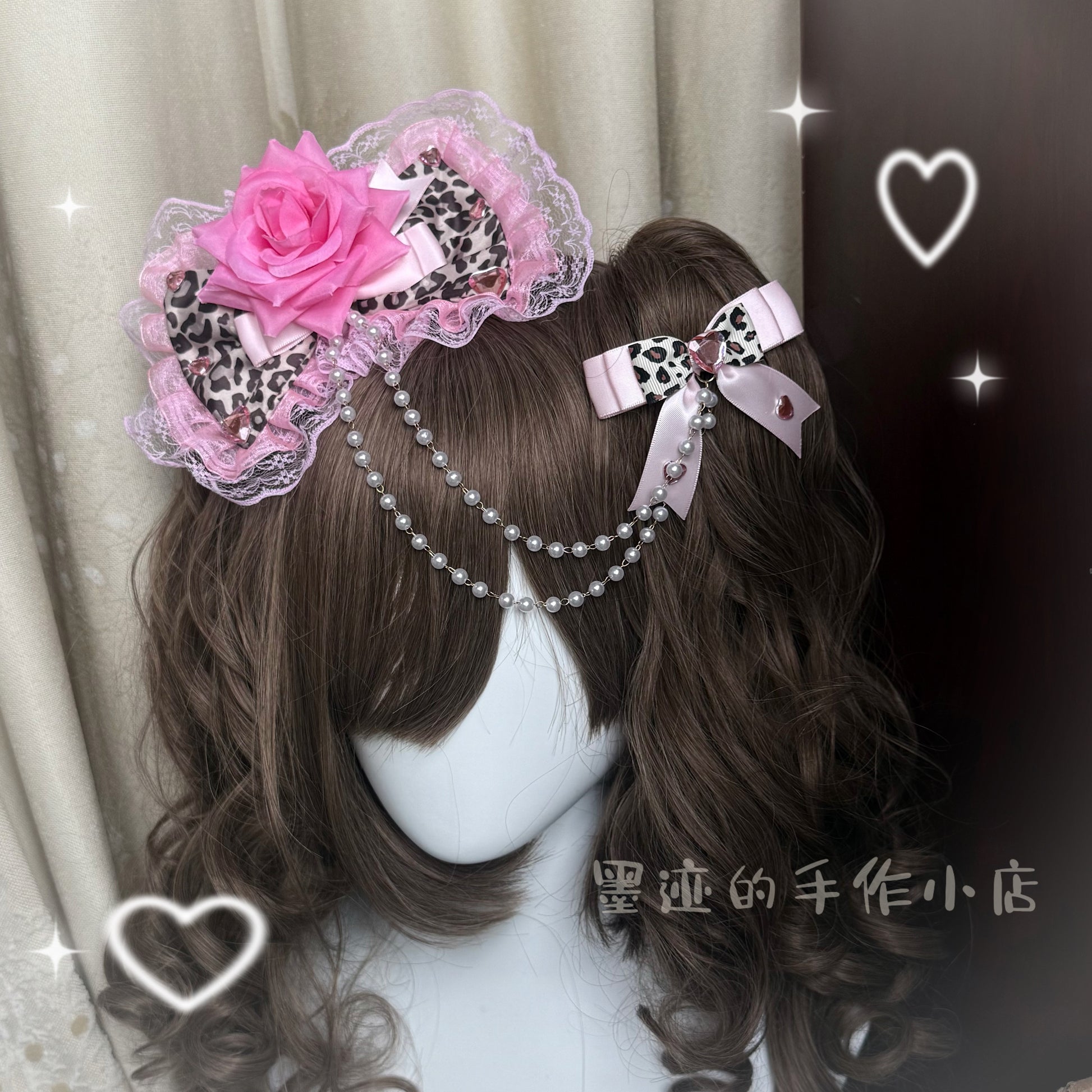 Gyaru Black Leopard Lace Bow Hair Clip hair clip moji Pink