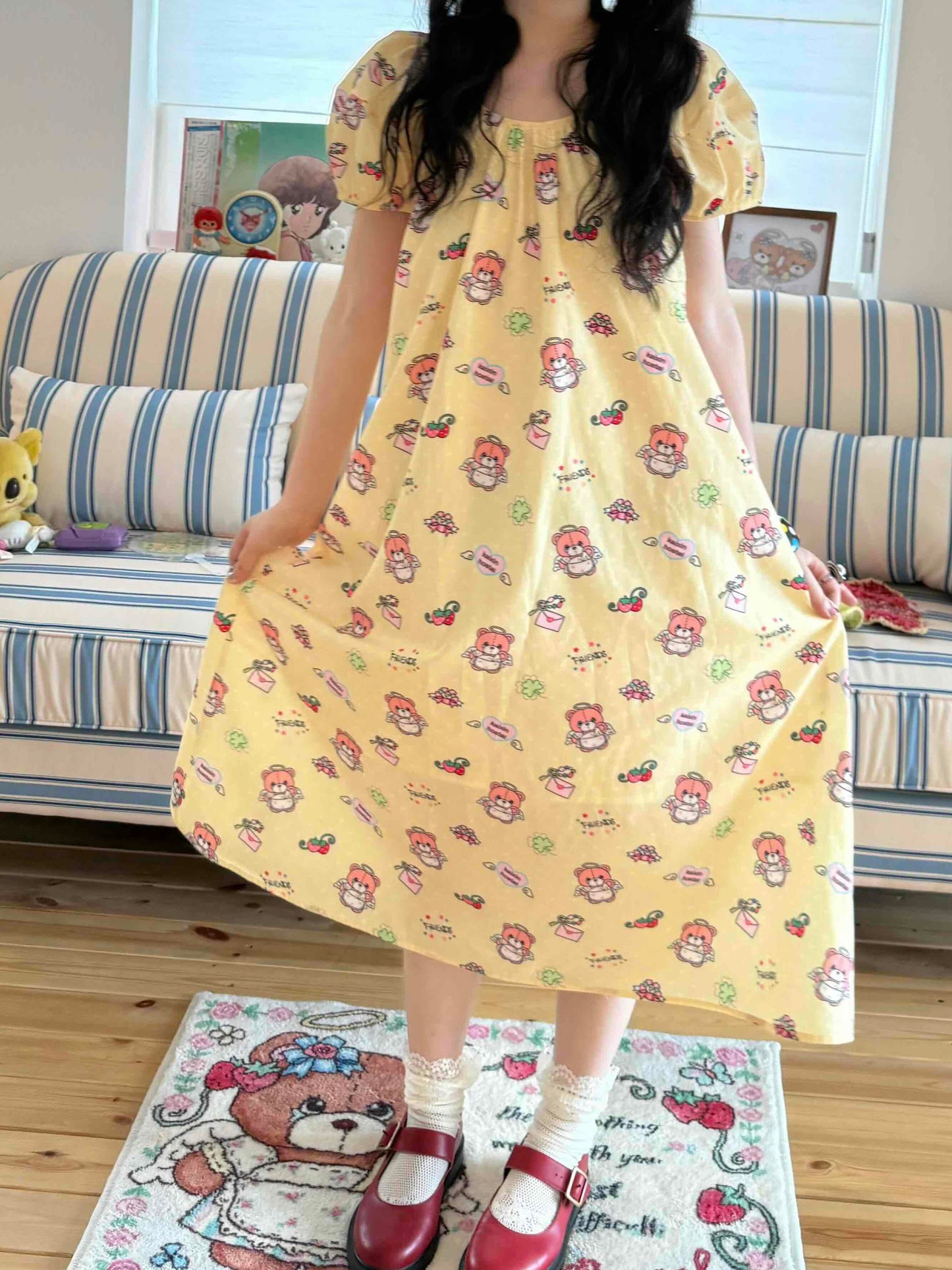 KaiXin Hostel - Bear Print Puff Sleeve Dress dress KaiXin hostel