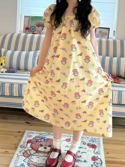 KaiXin Hostel - Bear Print Puff Sleeve Dress dress KaiXin hostel