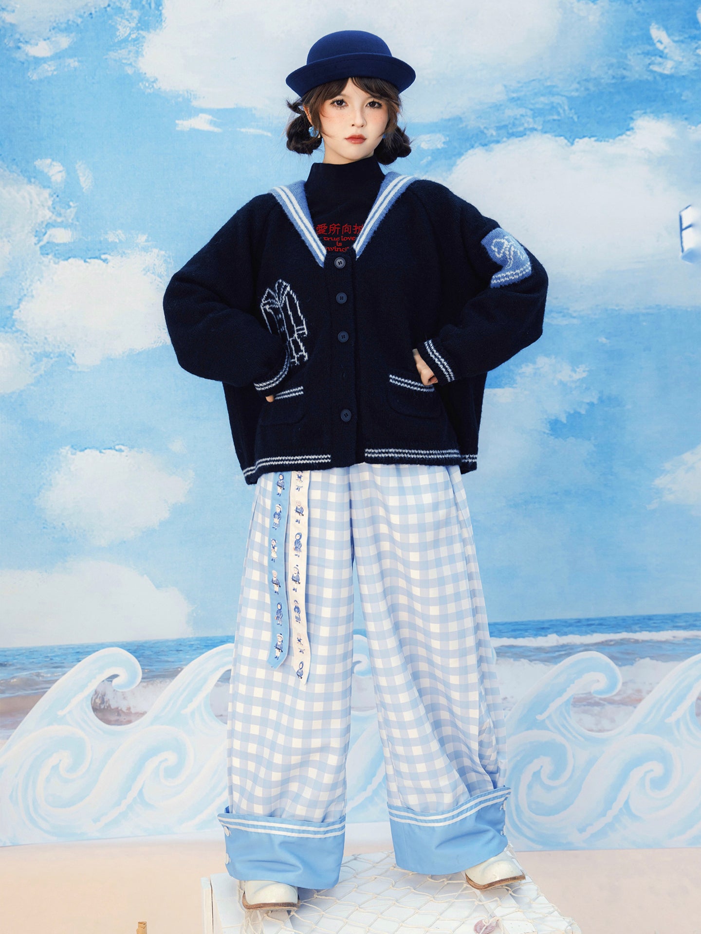 Meugler - Kawaii Wide Leg Pants Blue White Plaid Pants pants Meugler