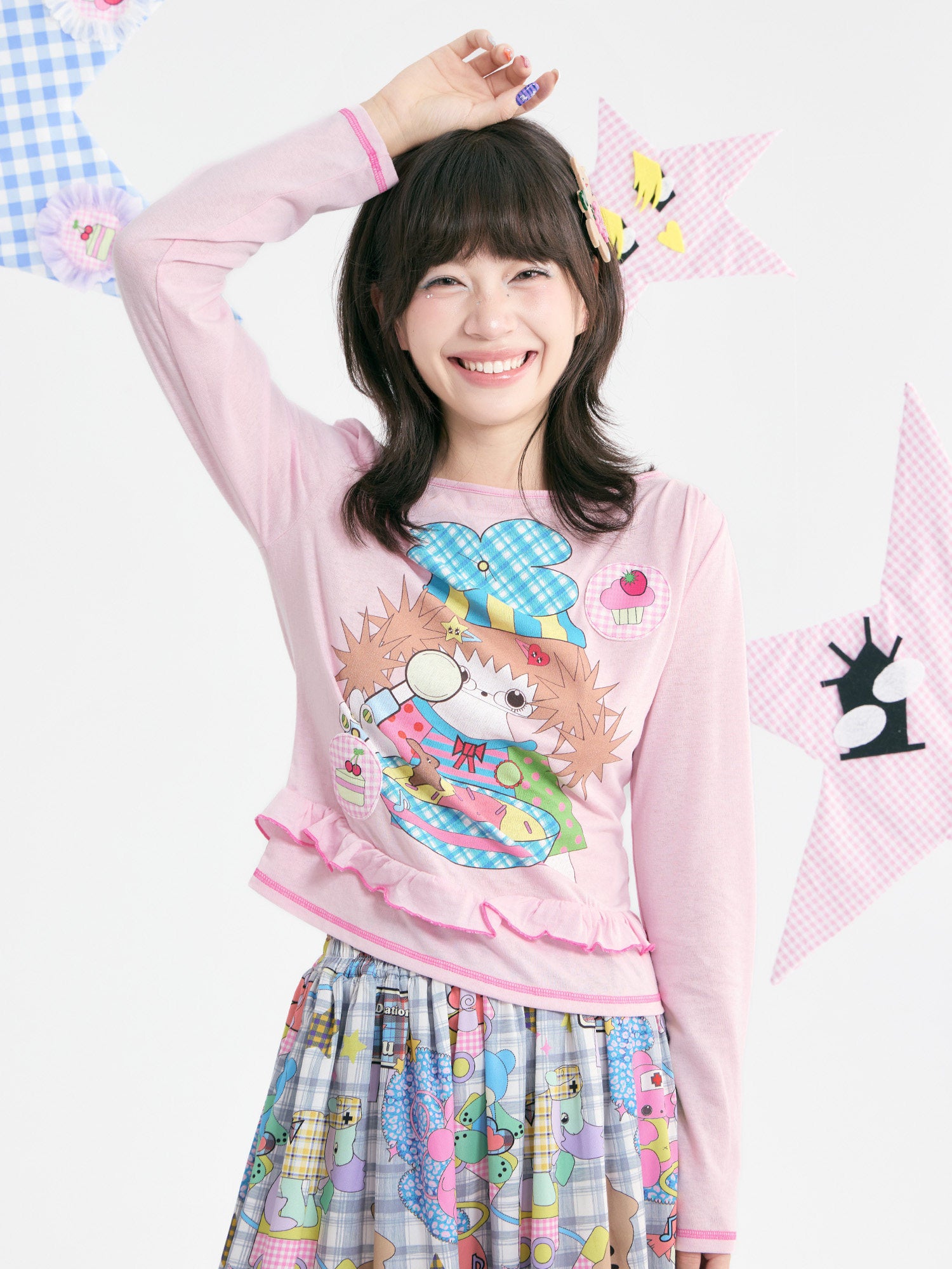 tntntutu - Pink Illustration Ruffle Long Sleeve Top shirt tntntutu