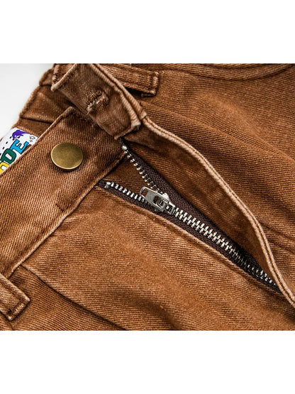 BIBULU - Brown Vintage Cat Dog Embroidered Wide-Leg Jeans pants BIBULU
