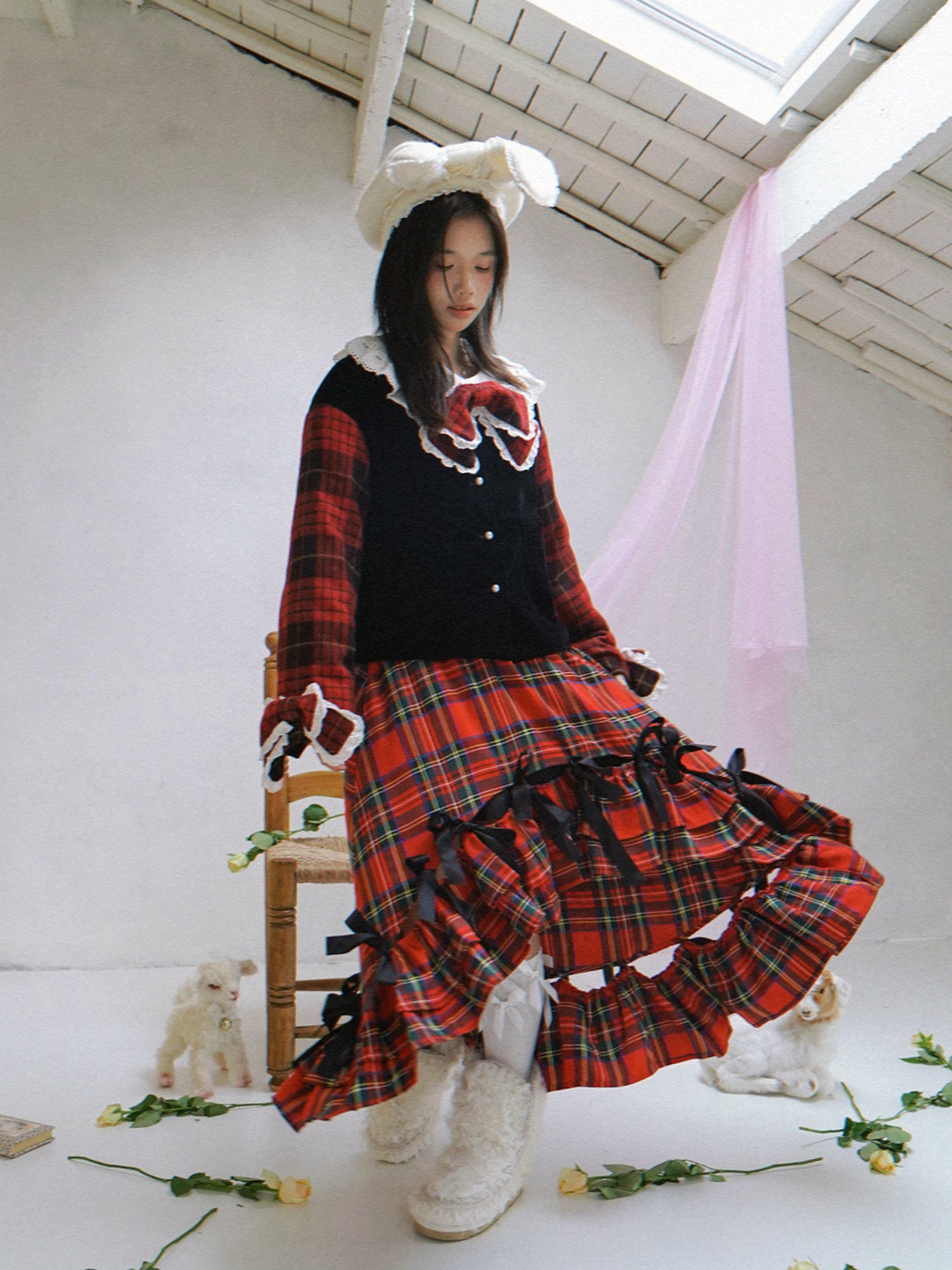 daytoday everyday institute - Red Plaid Velvet Bow Jacket jacket daytoday everyday institute