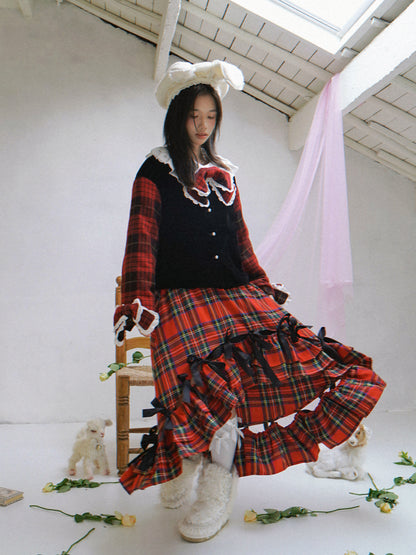 daytoday everyday institute - Red Plaid Velvet Bow Jacket jacket daytoday everyday institute