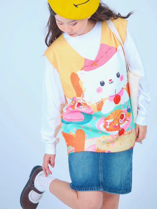 MeowMeow Bug – Decora Kei Tea Time Cat Knit Vest vest MeowMeow Bug