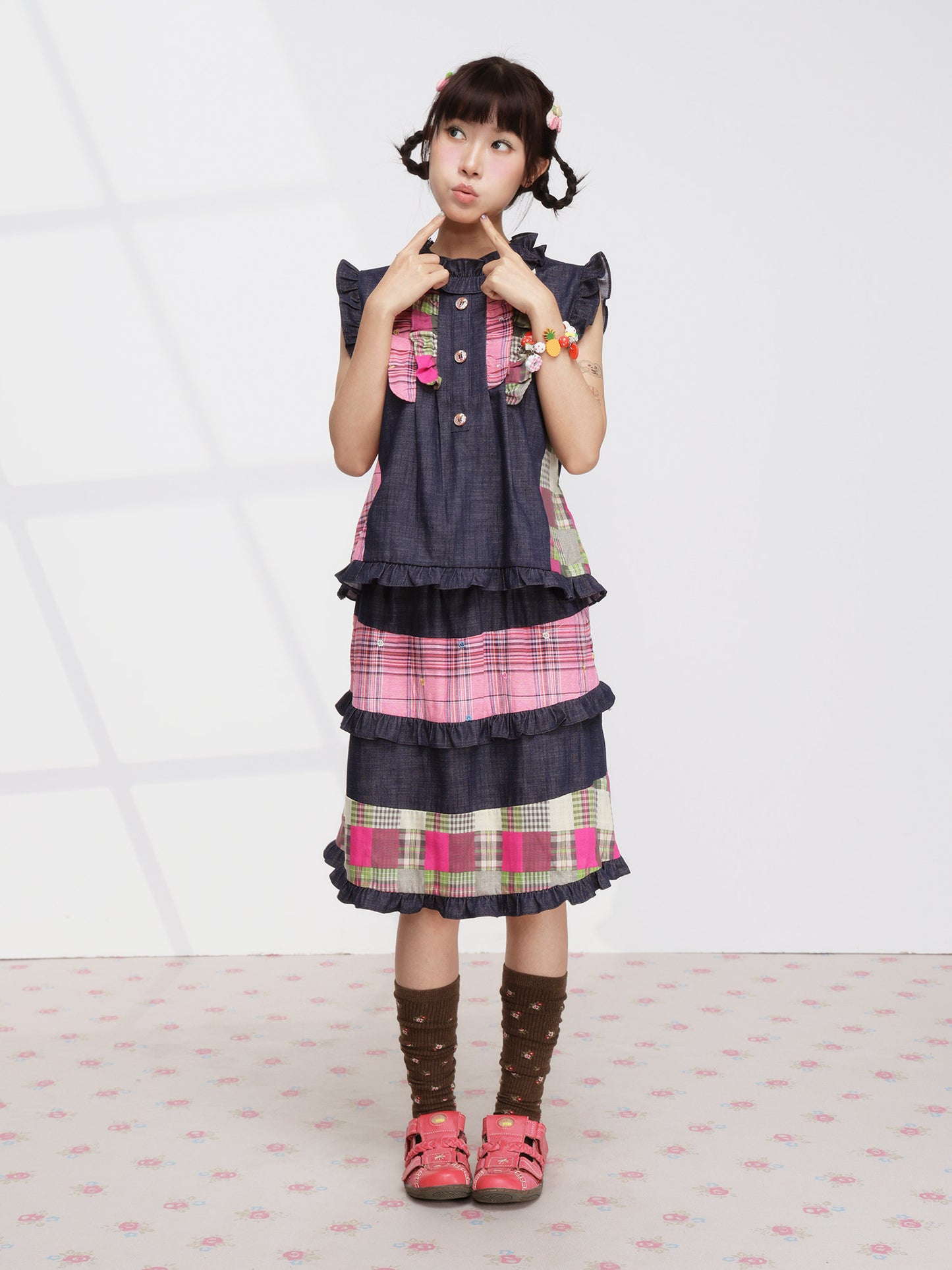 FRUITS - Pink Plaid Denim Vest Set set Fruits