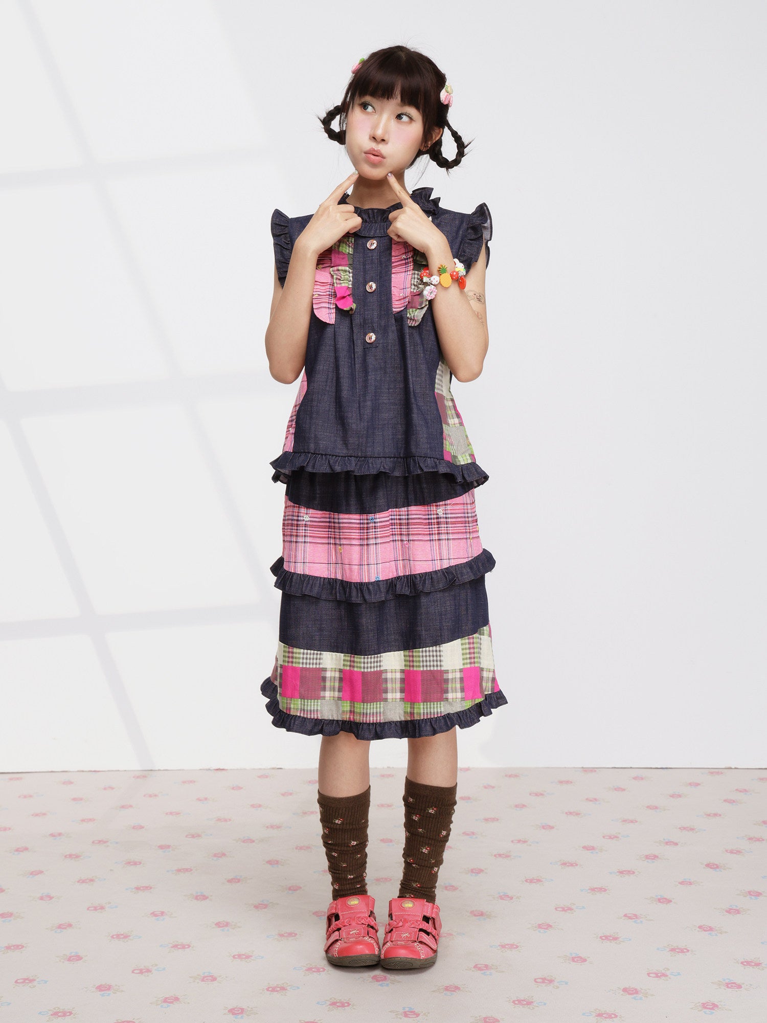 FRUITS - Pink Plaid Denim Vest Set set Fruits