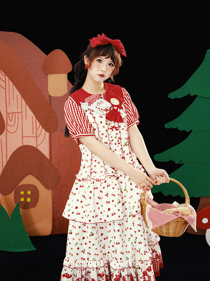 Meugler - Kawaii Red Mushroom & Berry Plaid Ruffle Midi Dress