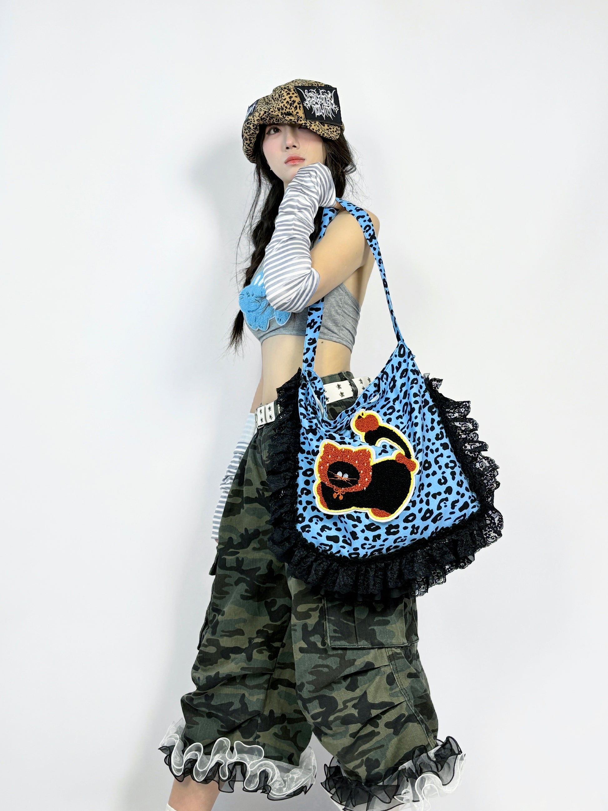 LEERROO - Y2K Blue Leopard Cat Corduroy Crossbody Bag bag Leerroo