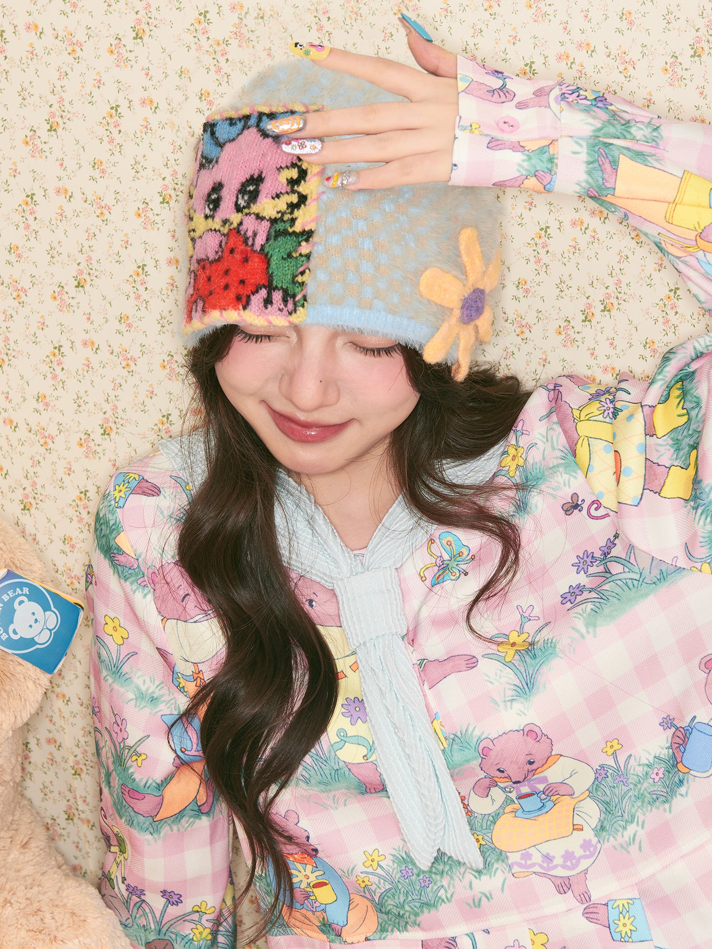 tntntutu - Kawaii Blue Bunny Flower Knit Beanie hat tntntutu