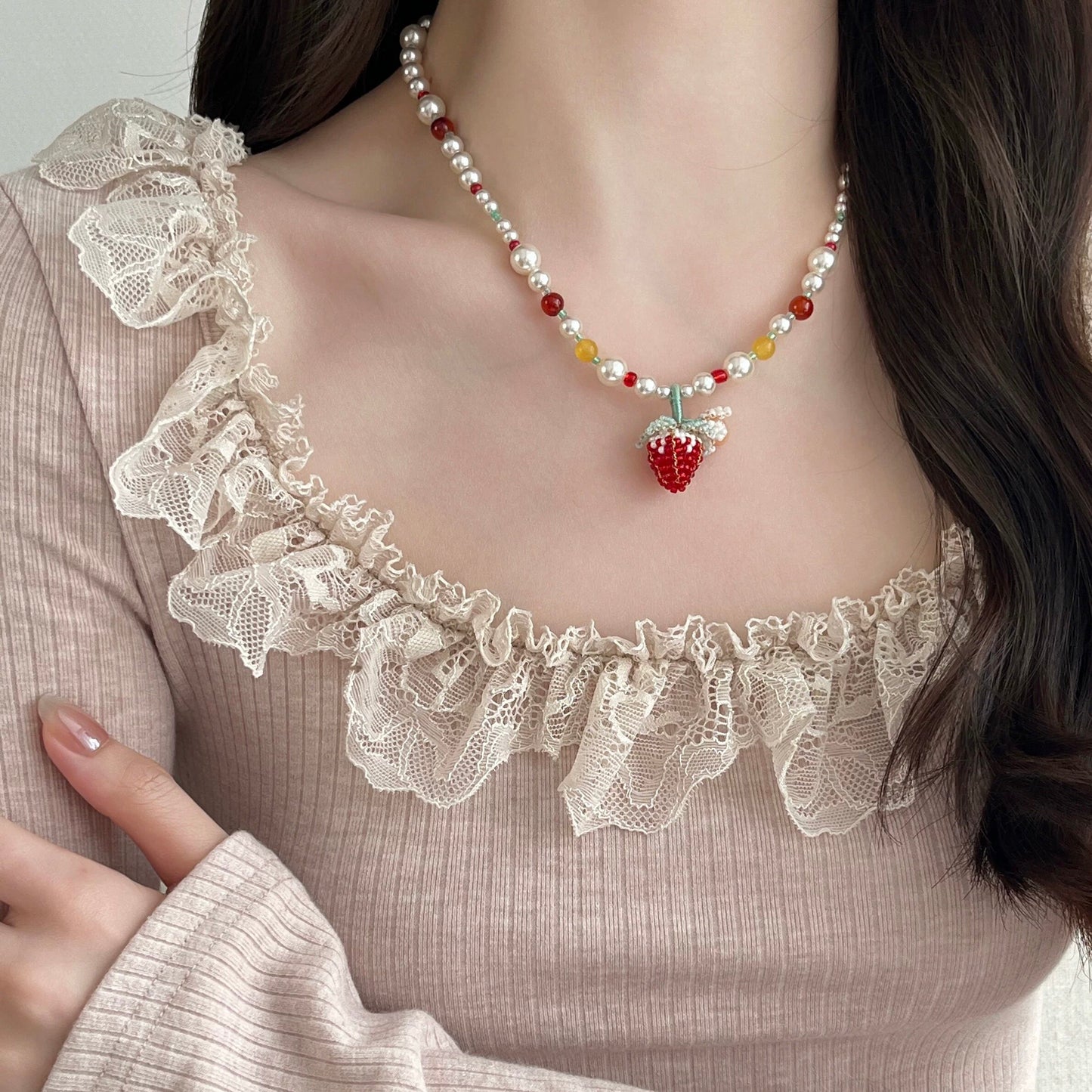 Kiwi Store - Pearl Flower Strawberry Beaded Necklace Keychain necklace kiwi store