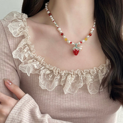 Kiwi Store - Pearl Flower Strawberry Beaded Necklace Keychain necklace kiwi store