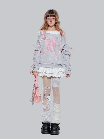 FANLOVEGIRL - Grey/White Off-Shoulder Lace Sweatshirt shirt FANLOVEGIRL