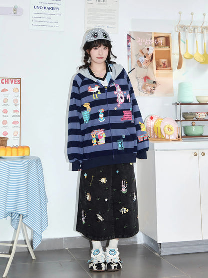 Robootoo - Embroidered Animal Denim A-Line Skirt