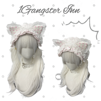 1Gangster Inn - Polka Dot Cat Ear Lace Lolita Headband hairband 1GASTERINN