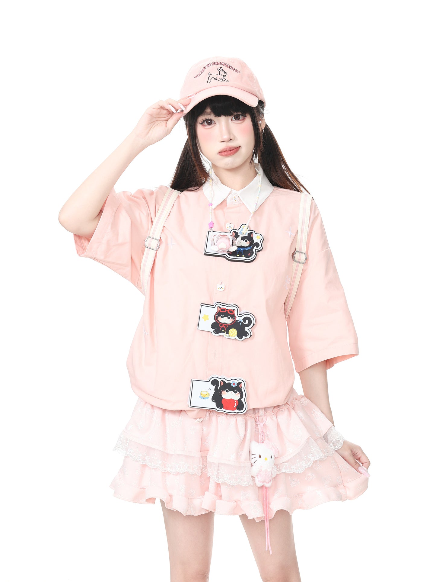 Languid Park - Cat Embroidered Bow Shirt shirt Languid Park Pink M