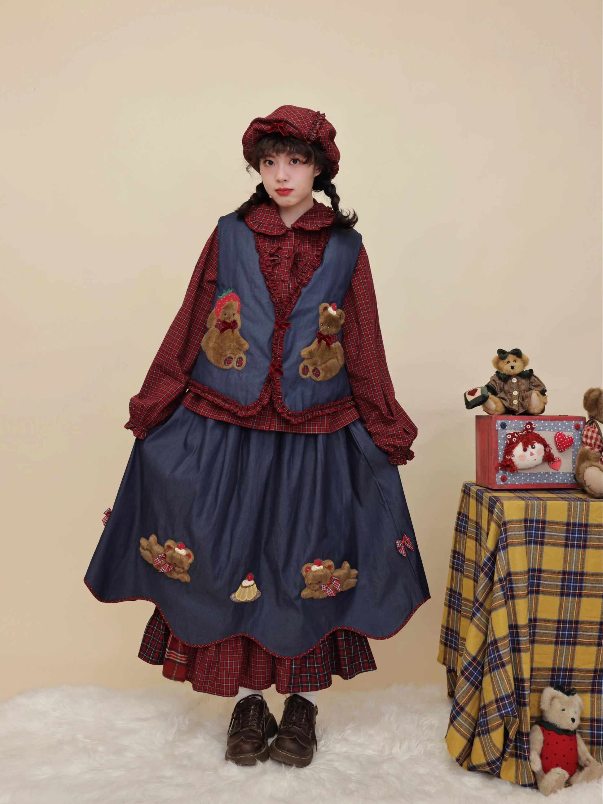 SemenCoicis - Kawaii Denim Skirt Plaid Petal Pudding Bear Skirt skirt SemenCoicis