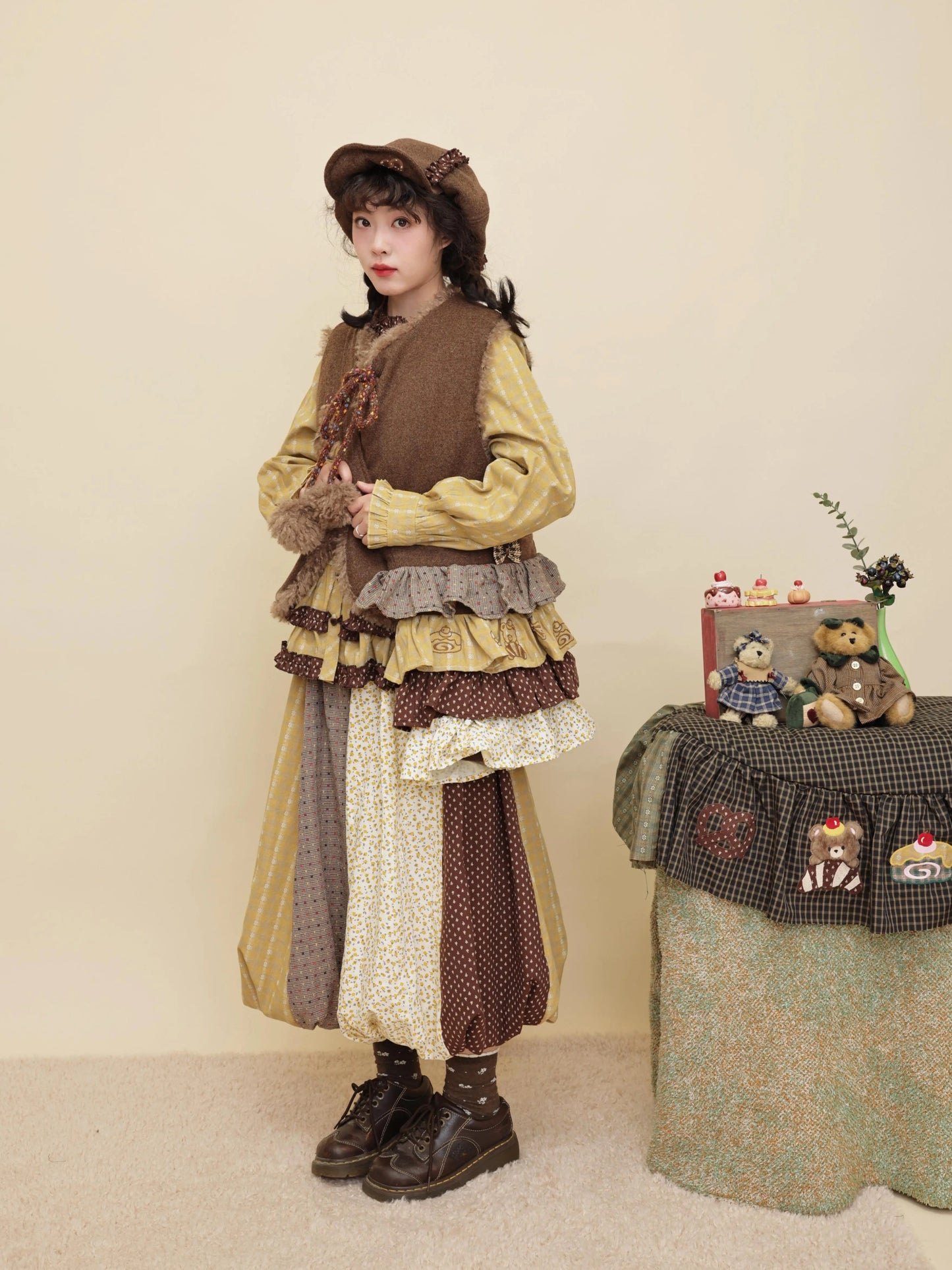 SemenCoicis - Kawaii Vintage Mustard Brown Patchwork Floral Puff Skirt skirt SemenCoicis