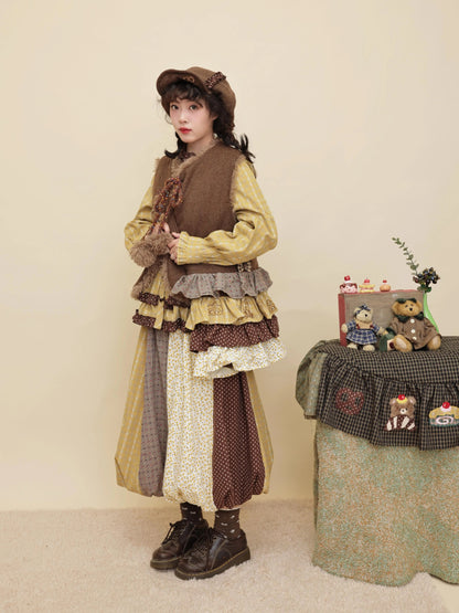 SemenCoicis - Kawaii Vintage Mustard Brown Patchwork Floral Puff Skirt skirt SemenCoicis