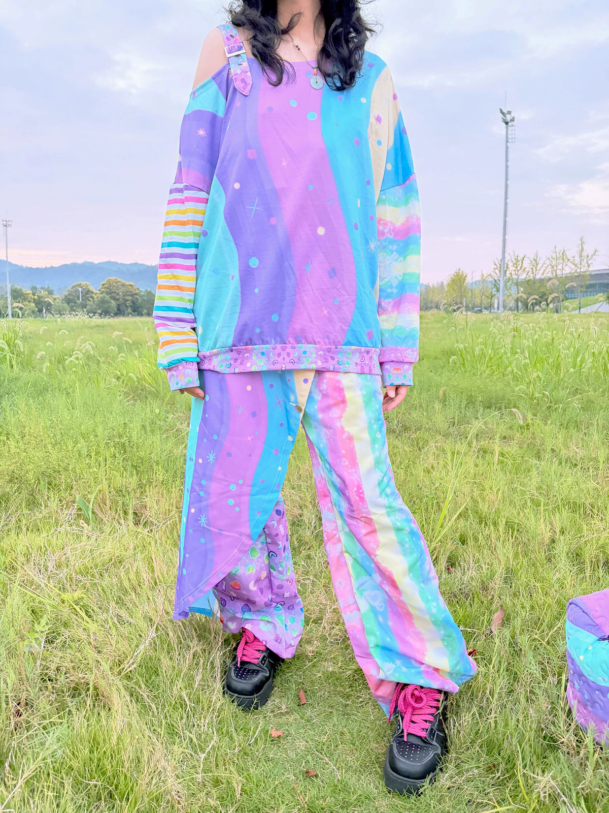 LEERROO - Neon Wave Y2K Asymmetric Shoulder Top hoodie Leerroo