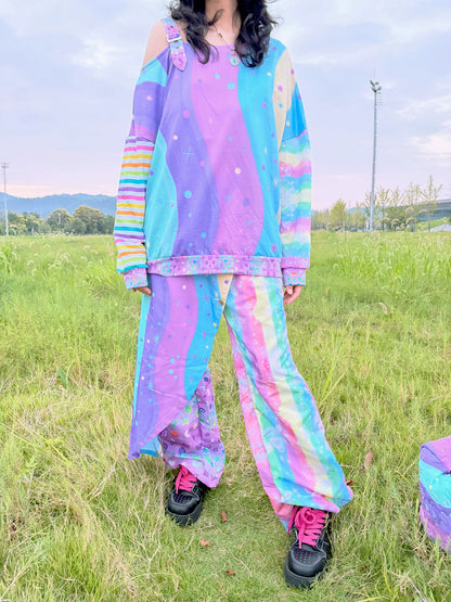 LEERROO - Neon Wave Y2K Asymmetric Shoulder Top hoodie Leerroo