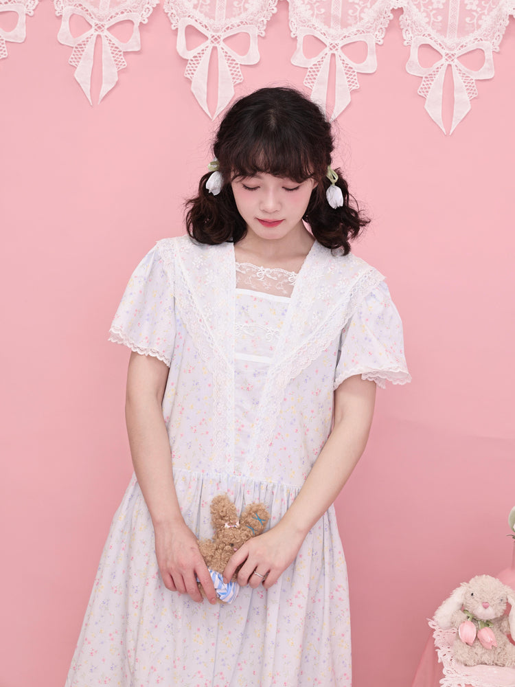 SemenCoicis - Kawaii Floral Sailor Dress - Blue Cotton Lace Trim dress SemenCoicis