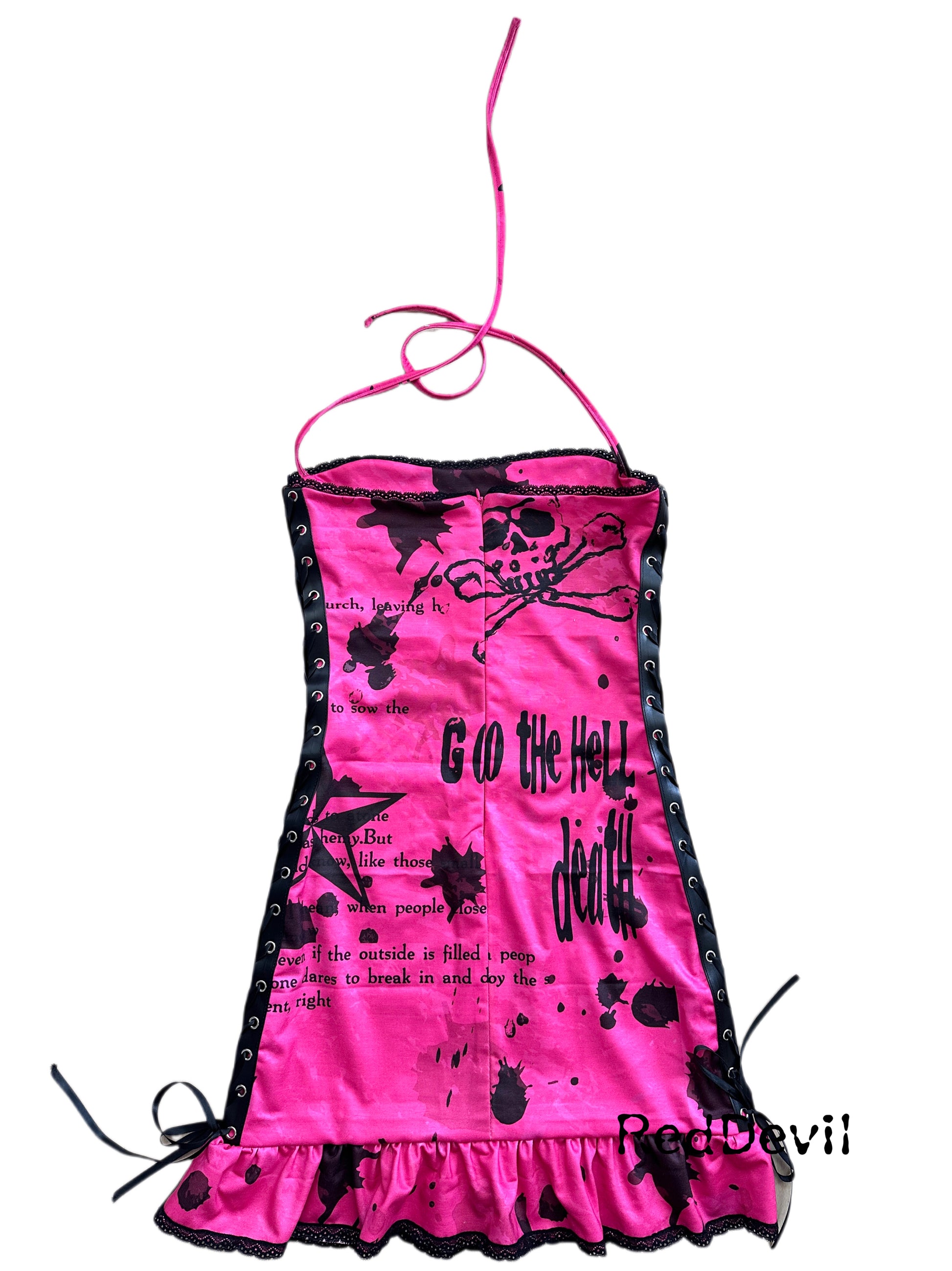 Red Devil Dress Y2k Shibuya Gal Graffiti Bodycon Halter Dress M Red Devil Dress Y2k Shibuya Gal Graffiti Bodycon Halter Dress M