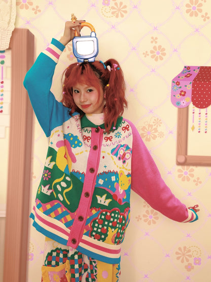 Lutra Jump Cardigan Cartoon Retro Cardigan Color-Blocked Collar Knitted Sweater cardigan Lutra Jump