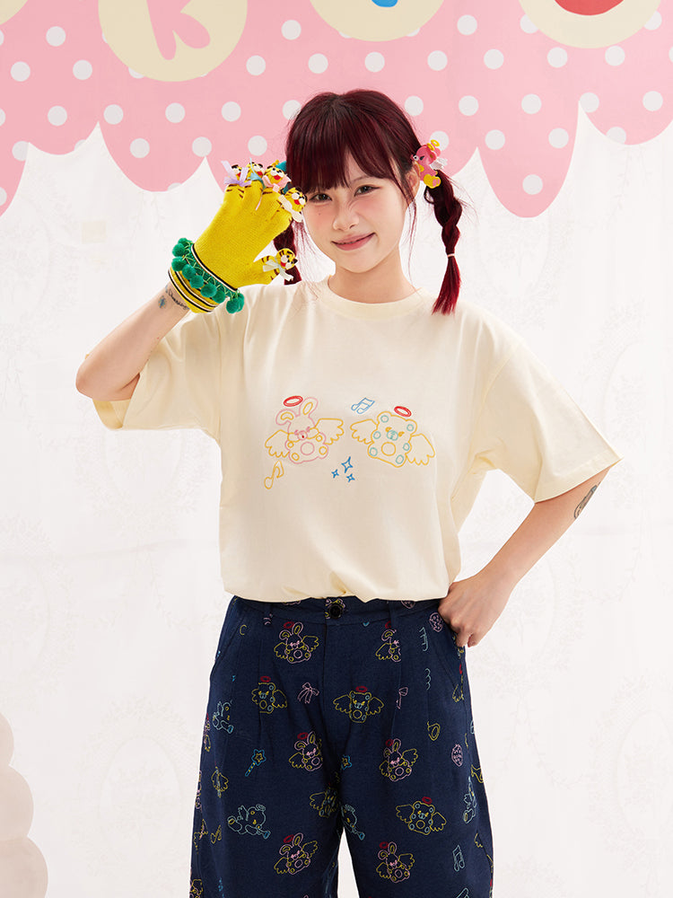 NIKKOU Cute Short Sleeve Tee | Kawaii Embroidered Cotton T-Shirt tshirt Nikkou home