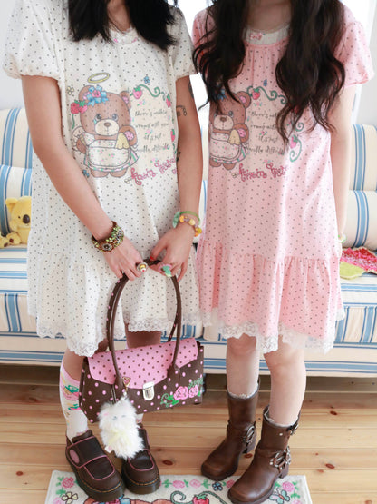 KaiXin Hostel - Bear Strawberry Lace T-Shirt Dress dress KaiXin hostel