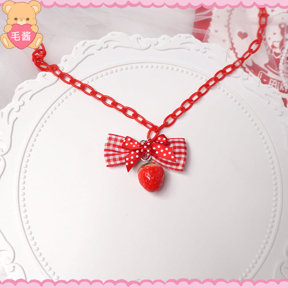 MaoJiang Strawberry Bow Necklace | Kawaii Long Pendant Chain necklace maojiang