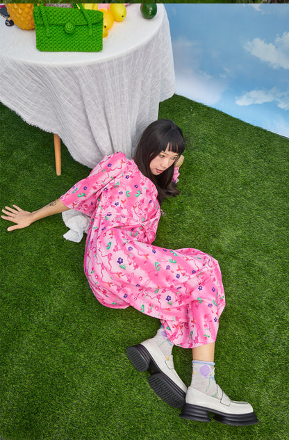 Harajuku Dress Rose Pink Loose Dress Print Cute Vintage Dress dress Moon Meadow