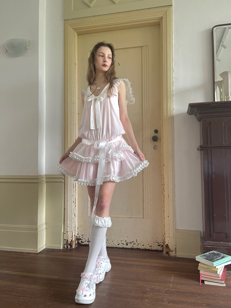 pink harajuku dress Harajuku Dress Pink Lace Dress Sailor Collar Dress Sleeveless Low Wais Land Decora