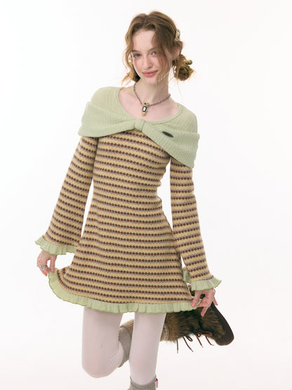ziziFei - Girly Kei Bow Plaid Knit Ruffle Dress dress ziziFei