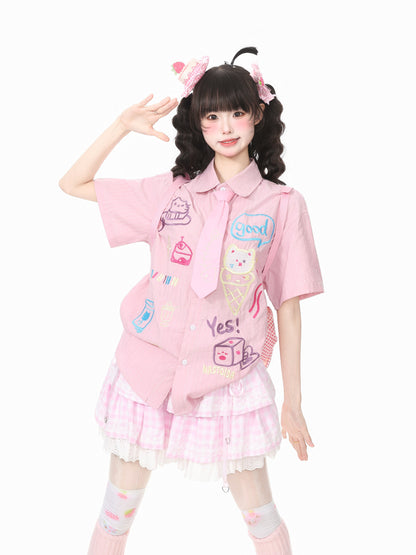 Languid Park - Cat Embroidery Tie Shirt shirt Languid Park Pink S