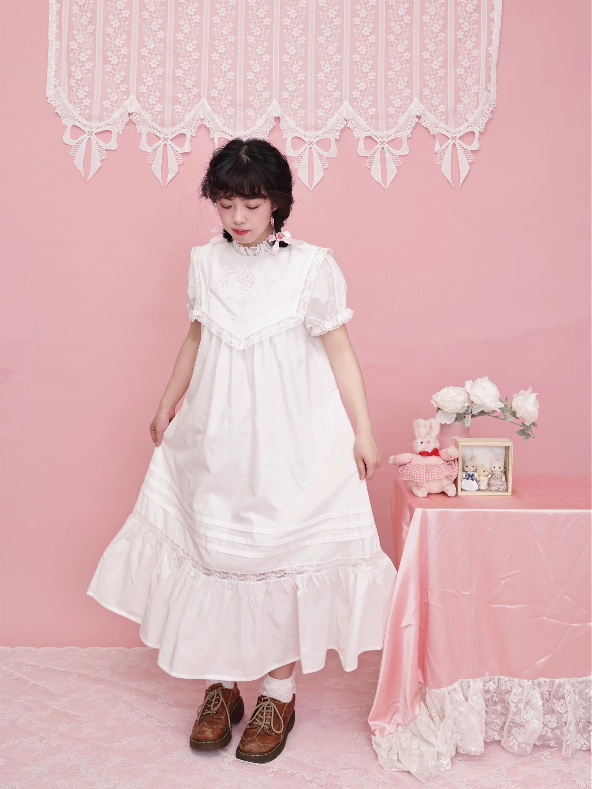 SemenCoicis - Vintage Floral Embroidered Pleated White Dress Retro Girl Style dress SemenCoicis