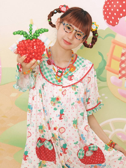 Lutra Jump Dress Strawberry Bear Dress Green Plaid Loose-Fit Dress dress Lutra Jump