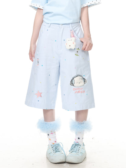 Languid Park - Dog Embroidered Wide-Leg Jeans shorts Languid Park