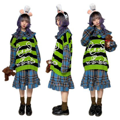 bunnybunnygun - Decora Kei Striped Knit Vest Oversized Sweet Cool vest bunnybunnygun