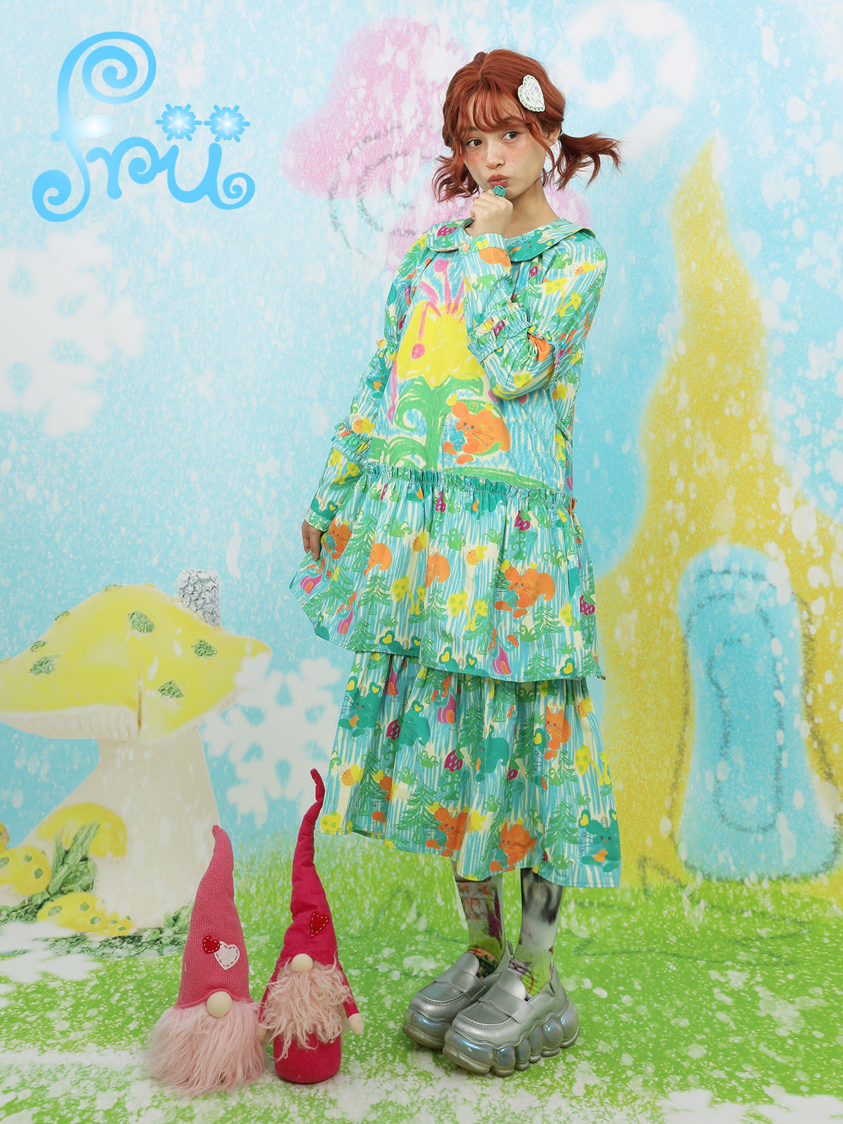 frufru Green Floral Dress | Doll Collar Loose Dress | Winter Dress Long-sleeve Dress dress frufru