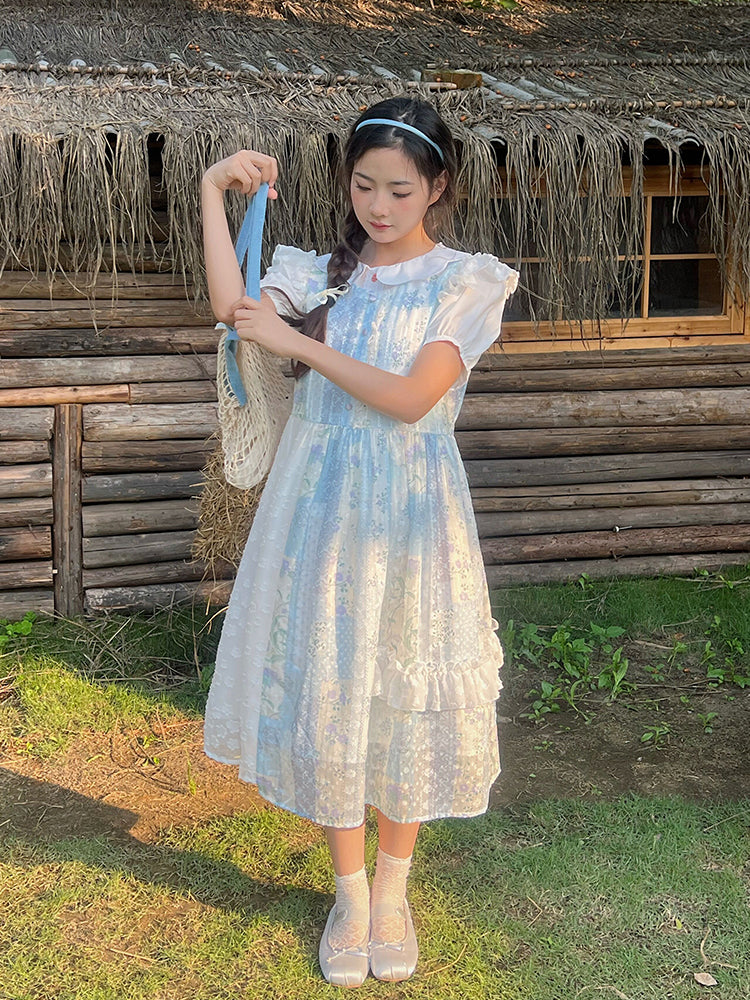 Mameya - Kawaii Light Blue Chiffon Vest Dress Ruffle Cap Sleeve Midi dress Mameya