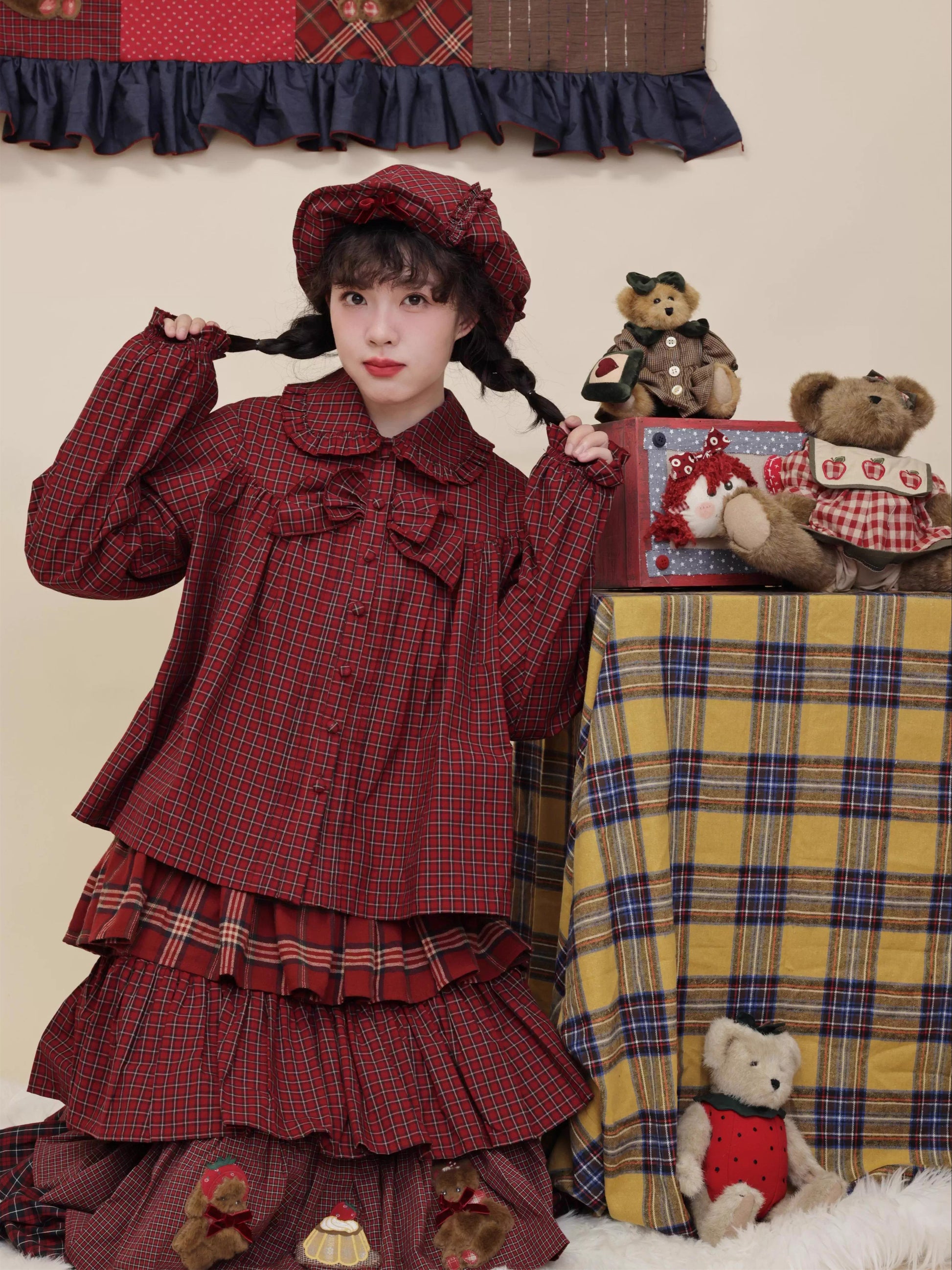SemenCoicis - Kawaii Beret Plaid Lace Bow Cap hat SemenCoicis