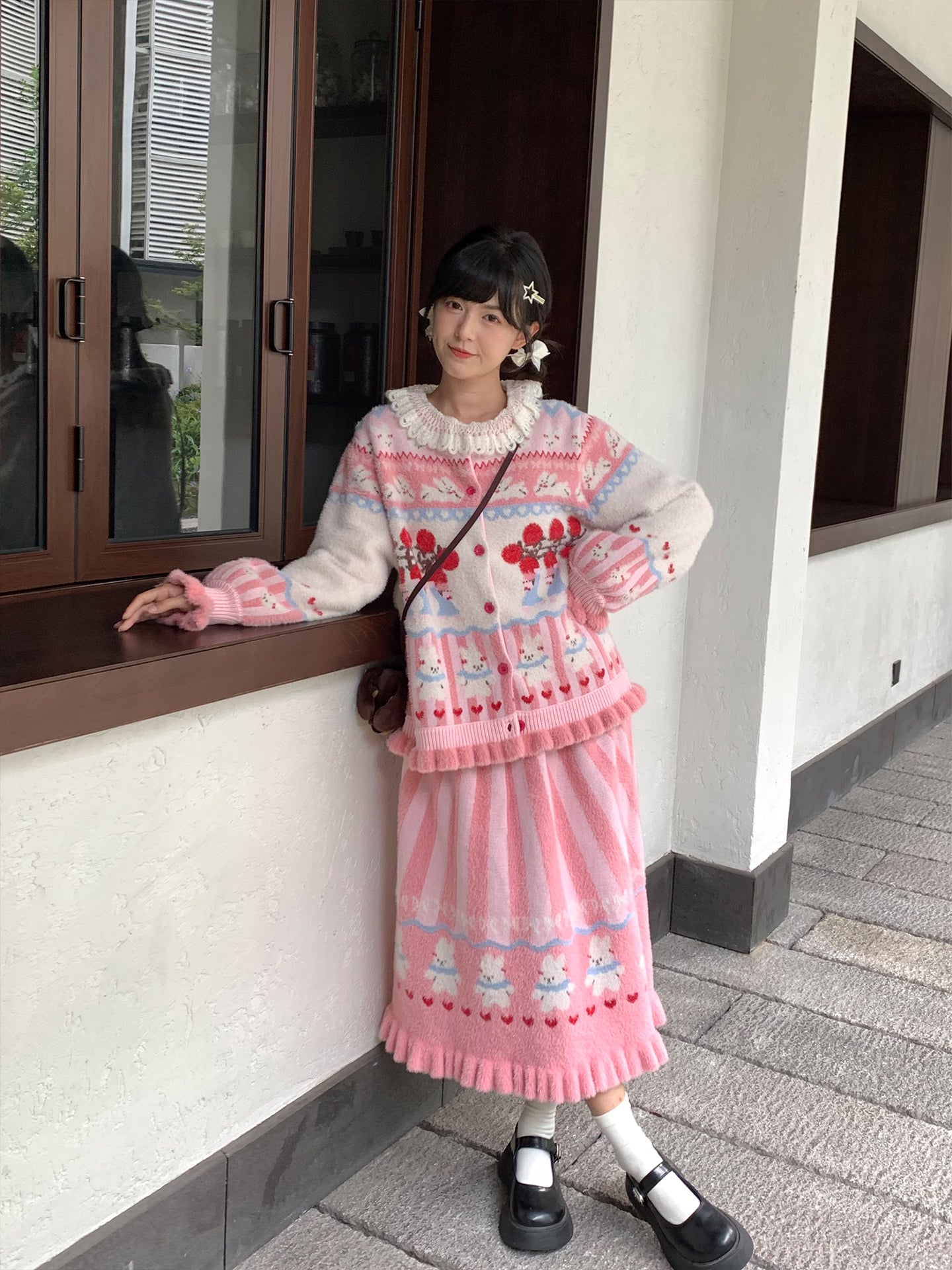 Mameya - Kawaii Pink Bunny Knit Cardigan Skirt Set set Mameya