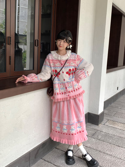 Mameya - Kawaii Pink Bunny Knit Cardigan Skirt Set set Mameya