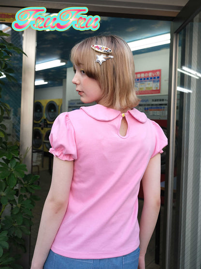 frufru Doll Collar T-Shirt | Toy Print Pink Tee | Puff Sleeve T-Shirt blouse frufru