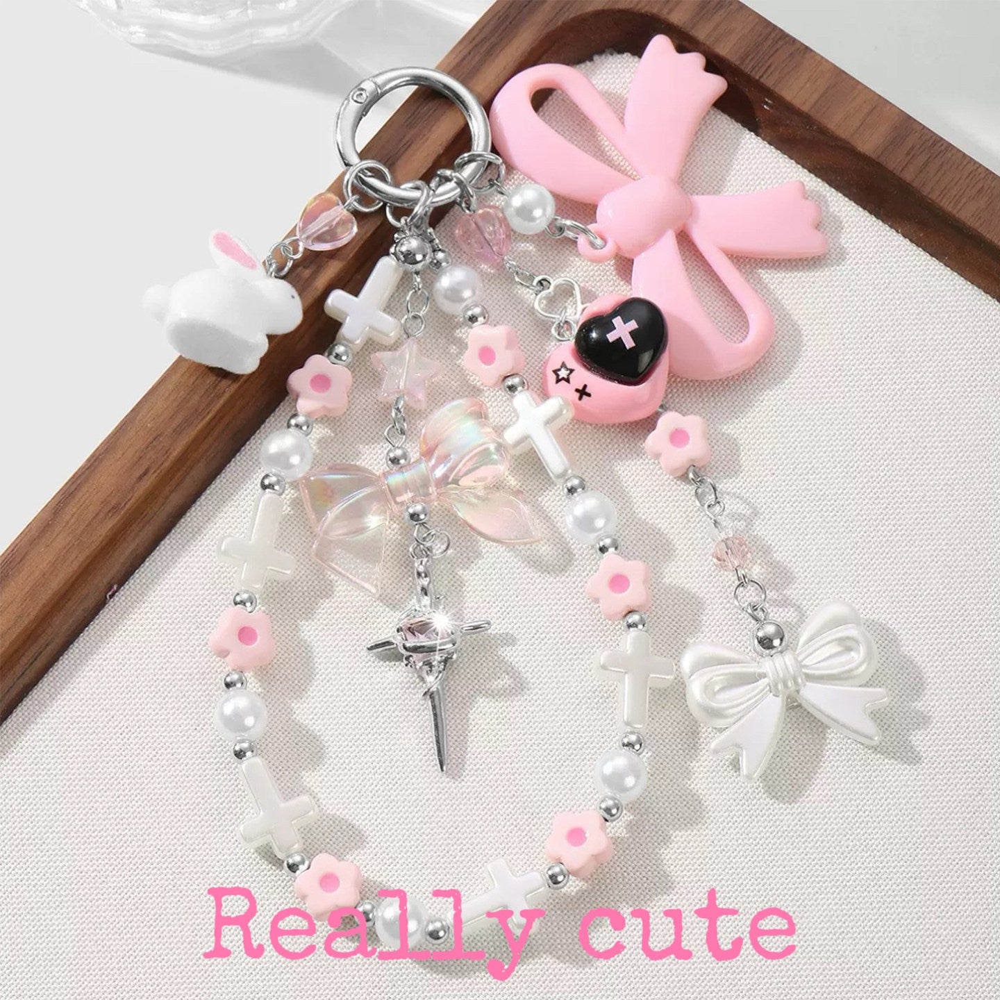 Sweet Pink Bunny Heart Phone Charm Keychain keychain really cute