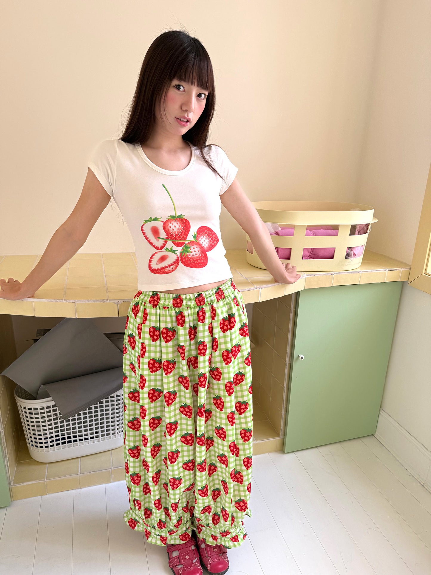 FRUITS - Strawberry Plaid Wide Leg Pants | Kawaii Japanese Streetwear Trousers pants Fruits