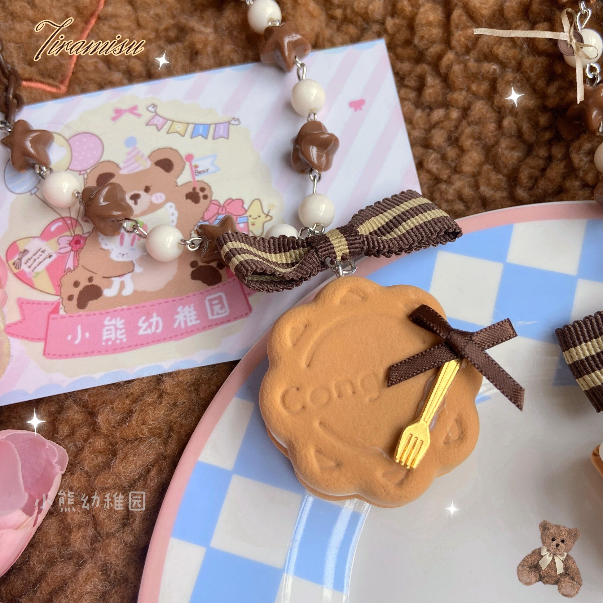 Bear Doll Cookie Necklace | Decora Kei Handmade Tiramisu Charm necklace Bear Doll
