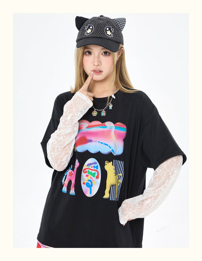 Robootoo - Black Lace Layered Long Sleeve T-Shirt tshirt Robootoo